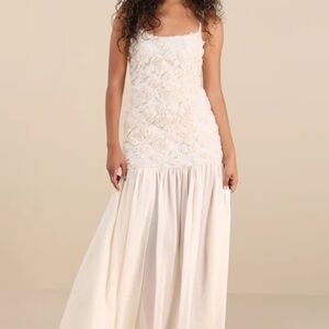 Lulus Kalene Cream 3D Rosette Sheer Hem Maxi Dress